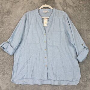 Anne Klein Jeans Shirt Womens XL Blue Linen Blend Button Front Tunic Top